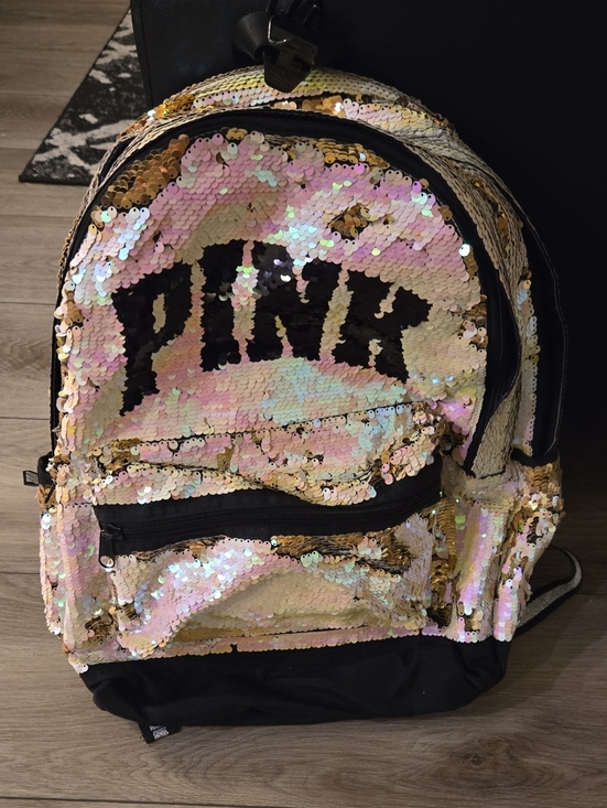 PINK Victoria's Secret Handbags - Victoria’s Secret PINK Flip Sequin Campus Backpack Gold Iridescent Black Logo